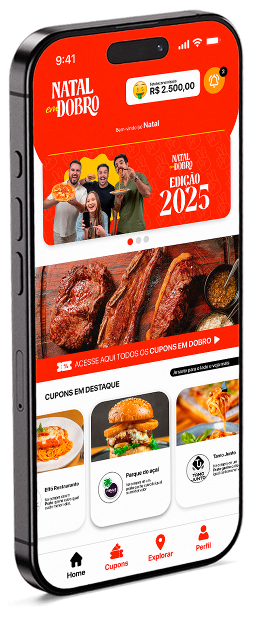 App Natal em Dobro: tela inicial, mapa interativo e lista de cupons