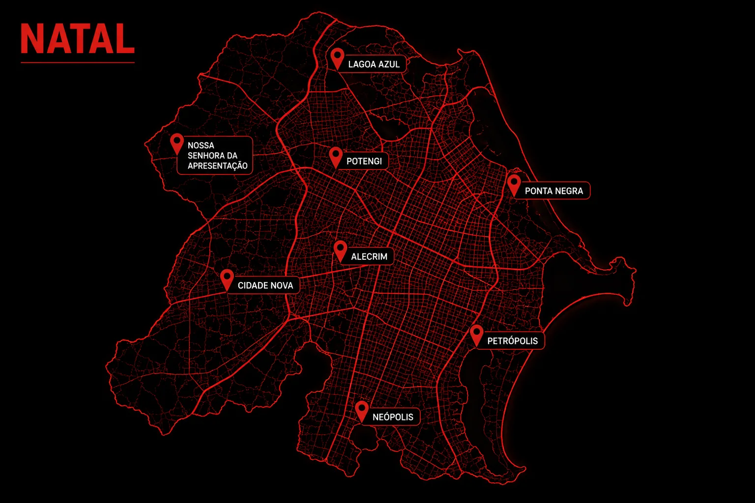 Mapa de Natal com os bairros atendidos pelo Natal em Dobro