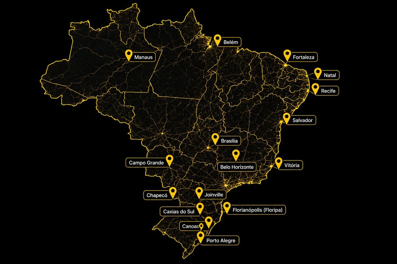 Mapa do Brasil em Dobro com as cidades atendidas